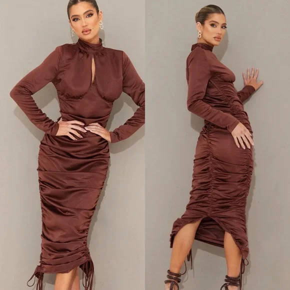 🌟SOLD PRETTYLITTLETHING Chocolate high neck underwire detail ruched midi 6 NEW - Picture 13 of 15